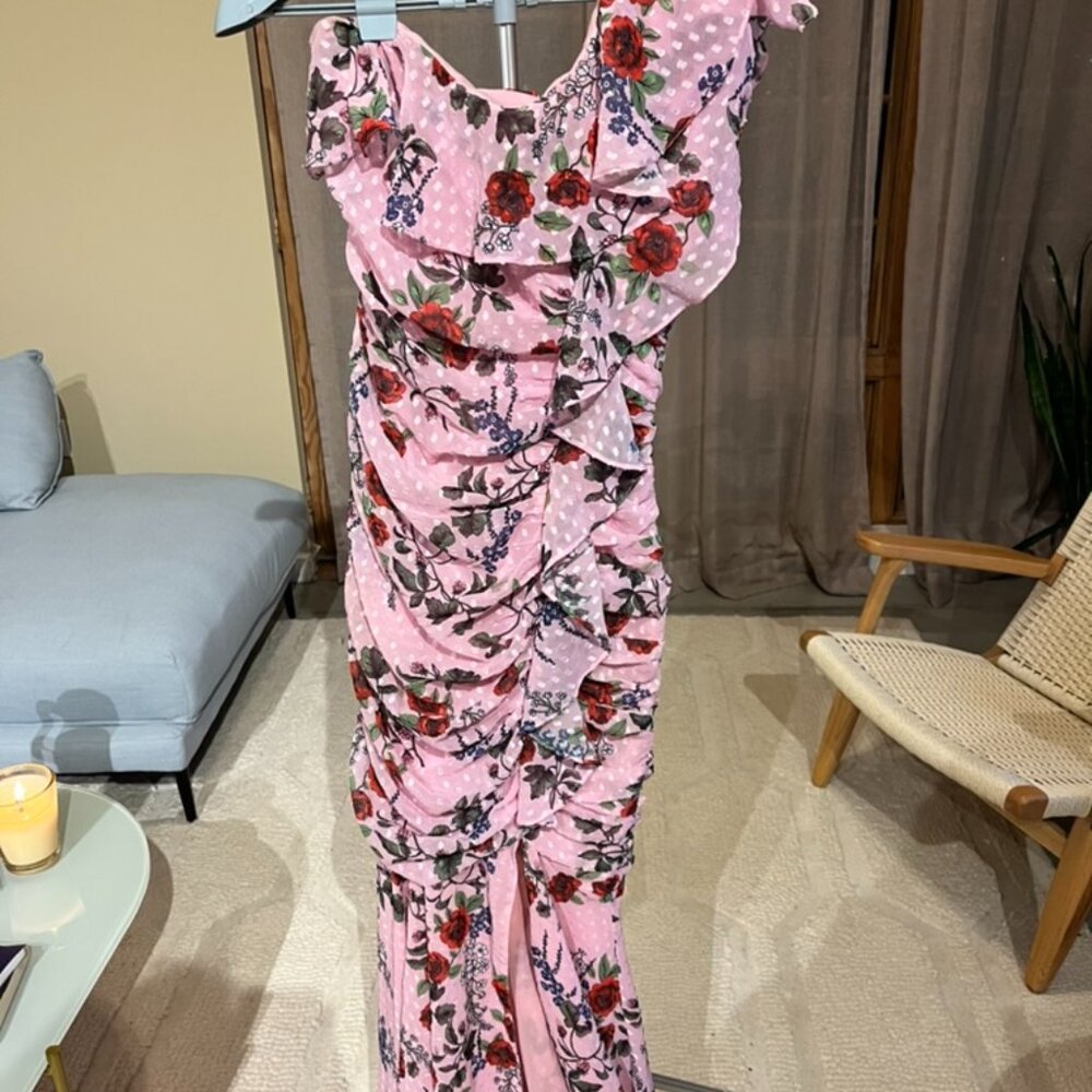 Summer wedding guest dress! One shoulder pink floral maxi - size medium
